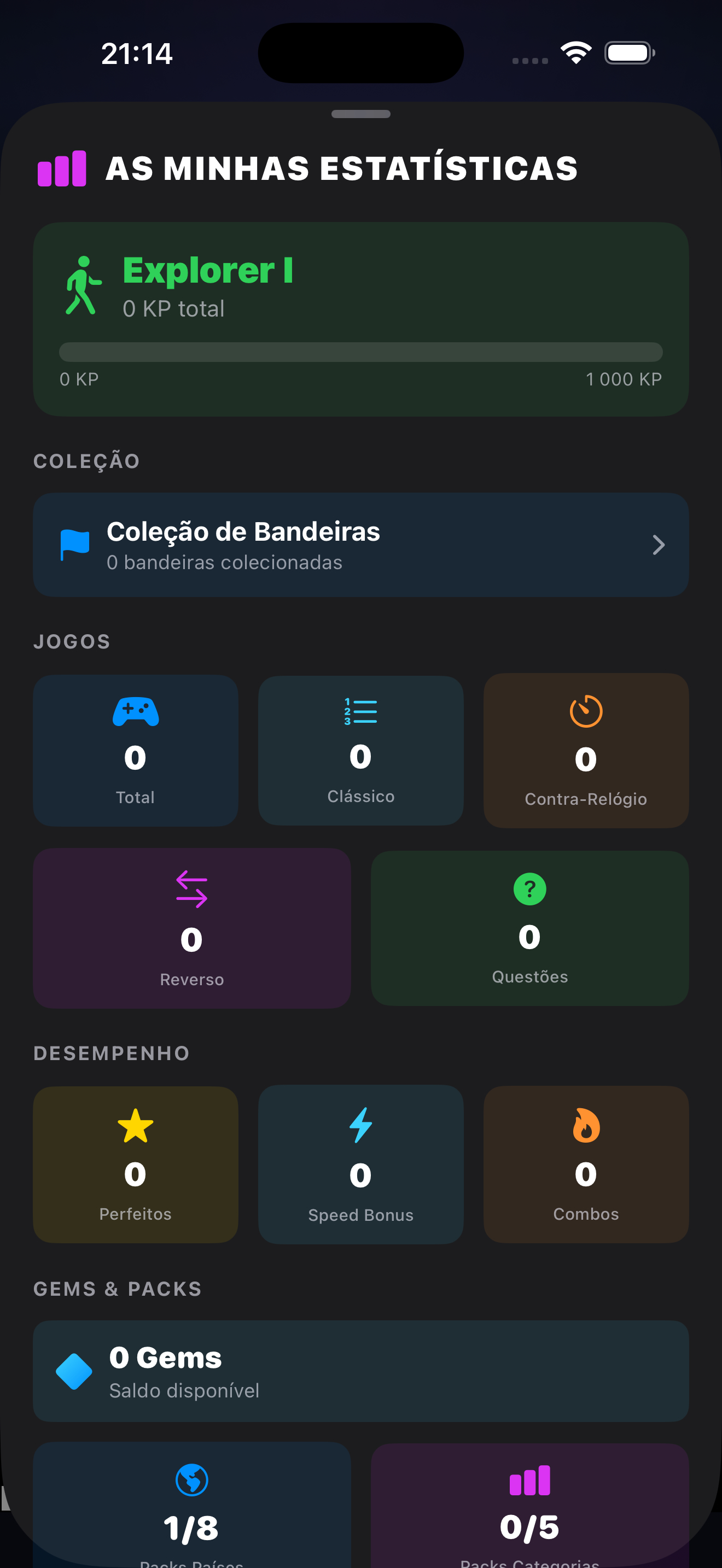 Earth Quiz player statistics screen showing total Knowledge Points, rank progression and gameplay history