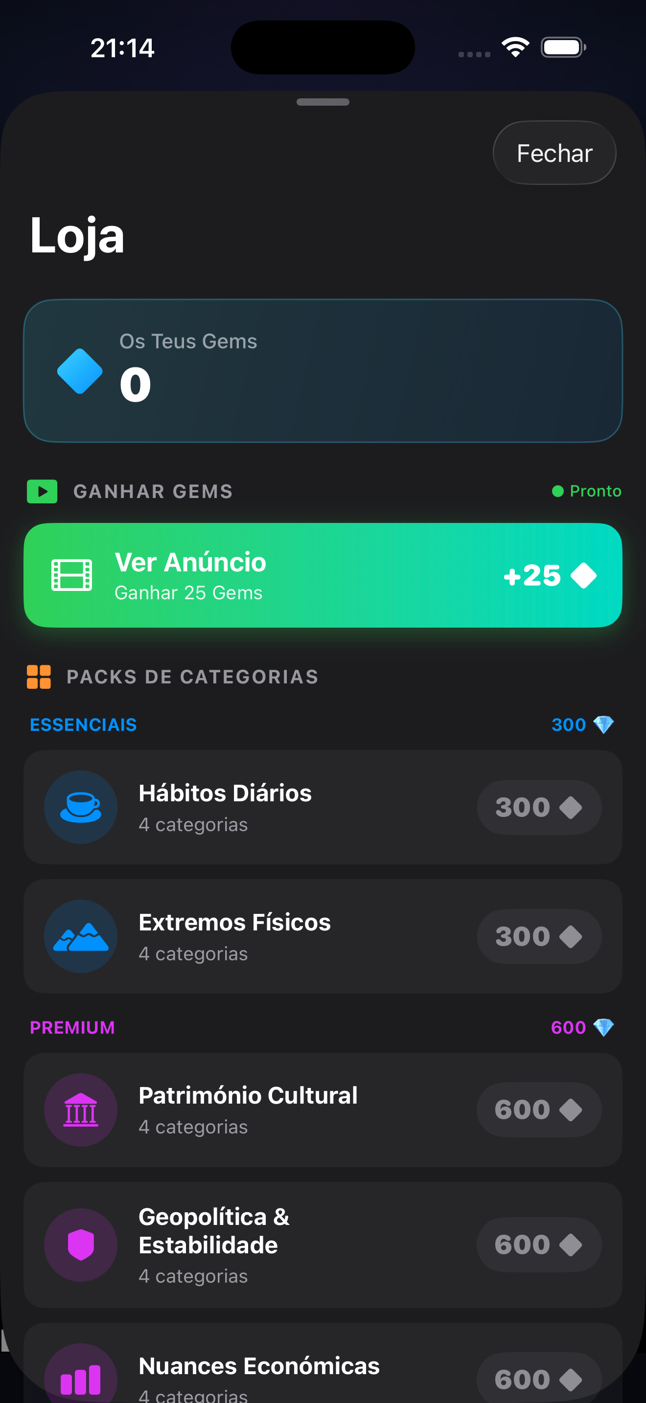 Earth Quiz in-game store showing country packs, category expansions and gem purchases